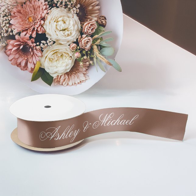 Brown Wedding Elegant Calligraphy Simple Script Satin Ribbon (Creator Uploaded)