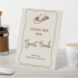 Brown Western Cowboy Hat Wedding Guest Book Pedestal Sign