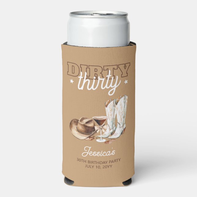 Brown Western Dirty Thirty 30th Birthday Party Seltzer Can Cooler (Seltzer Front)
