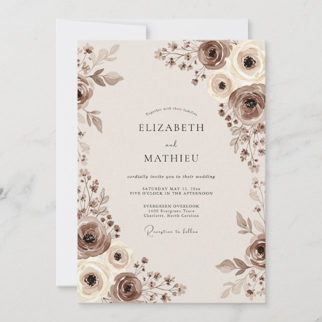Brown Whimsical Floral Wedding Invitation (Front)