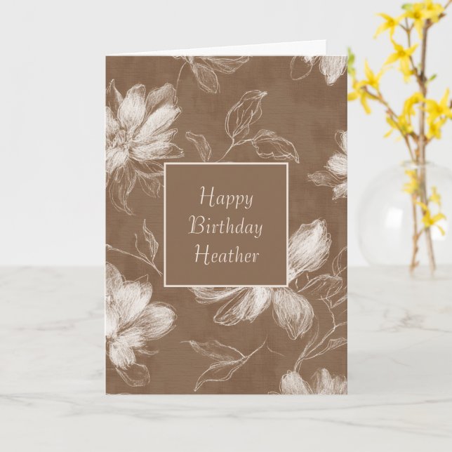 Brown White Abstract Flowers Birthday Card (Yellow Flower)