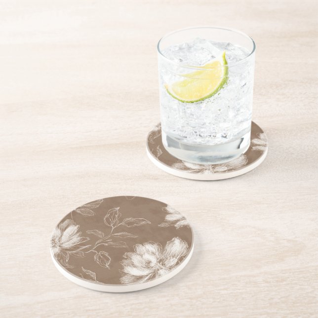 Brown White Abstract Flowers Coaster (Side)