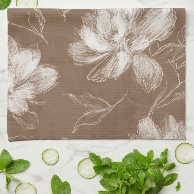 Brown White Abstract Flowers Tea Towel (Folded)