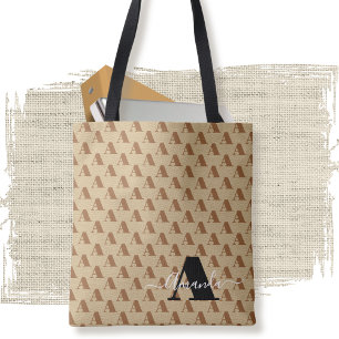 Brown White Black Designer Monogram Script Tote Bag