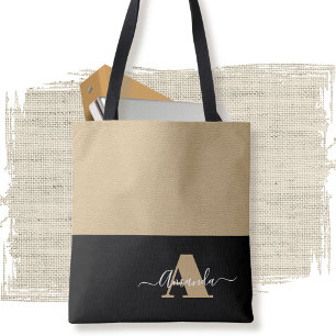 Brown White Black Minimal Monogram Script  Tote Bag