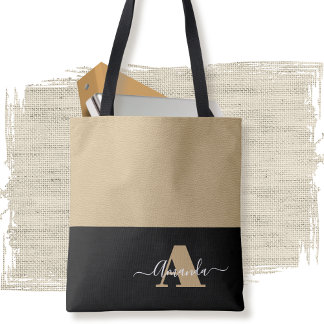 Brown White Black Minimal Monogram Script  Tote Bag