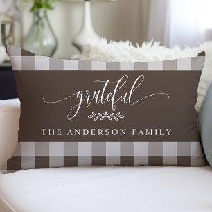 Brown & White Buffalo Check Grateful Personalised Lumbar Cushion