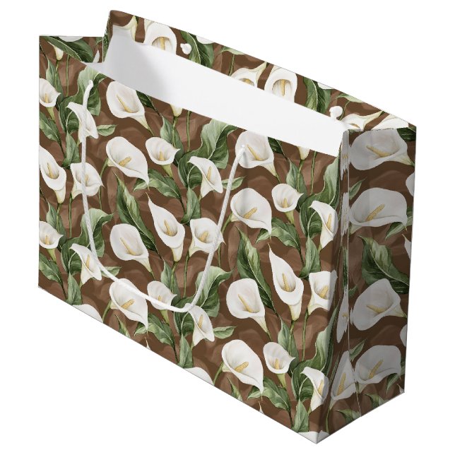 Brown White Calla Lily Floral Bridal Shower Large Gift Bag (Front Angled)