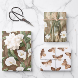 Brown White Calla Lily Floral Bridal Shower Wrapping Paper Sheet