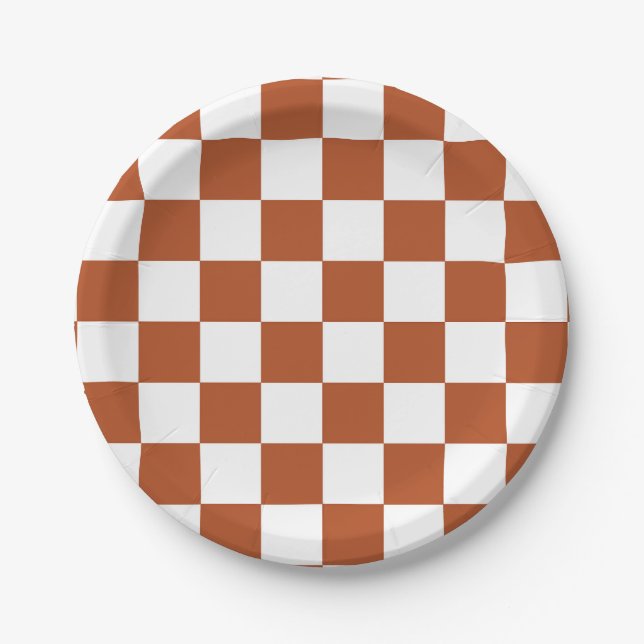 Brown White Chequered Check Pattern Paper Plate (Front)