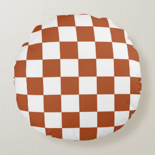 Brown White Chequered Check Pattern Round Cushion