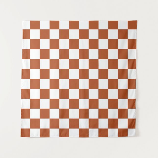 Brown White Chequered Check Pattern Tapestry (Front)