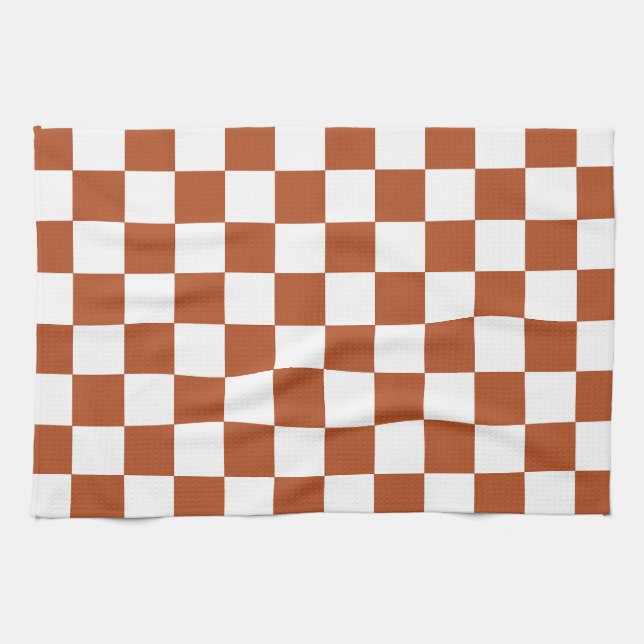 Brown White Chequered Check Pattern Tea Towel (Horizontal)