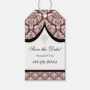Brown White Damask Save The Date Tags
