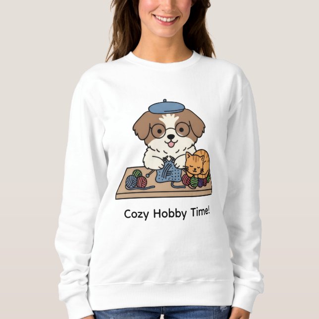 Brown White Dog Glasses Knitting Cat Friend Design Sweatshirt (Front)