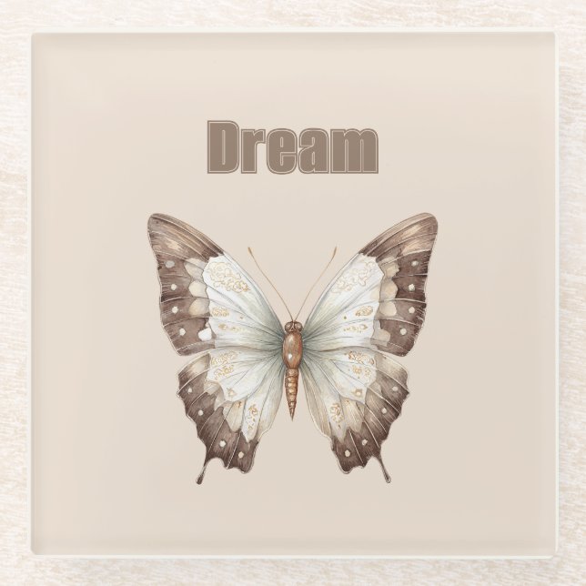 Brown White Dream Butterfly Glass Coaster (Front)
