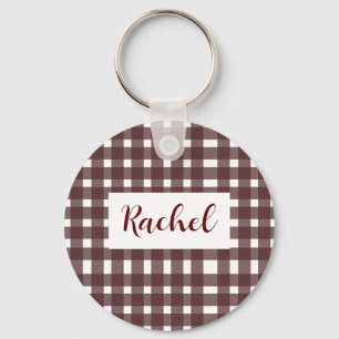 Brown White Gingham Personalised Key Ring