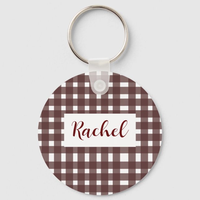 Brown White Gingham Personalised Key Ring (Front)