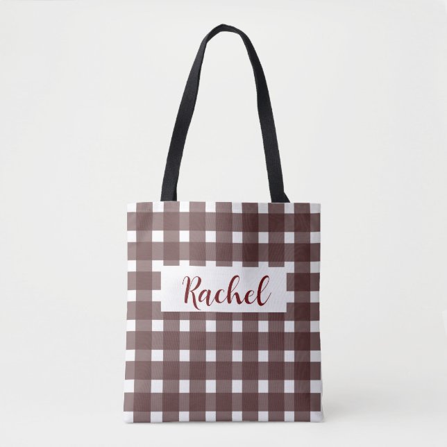 Brown White Gingham Personalised Tote Bag (Front)