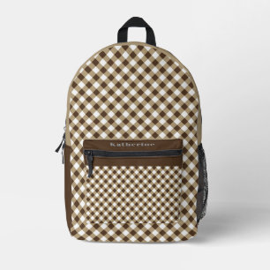 Brown White Gingham Printed Backpack