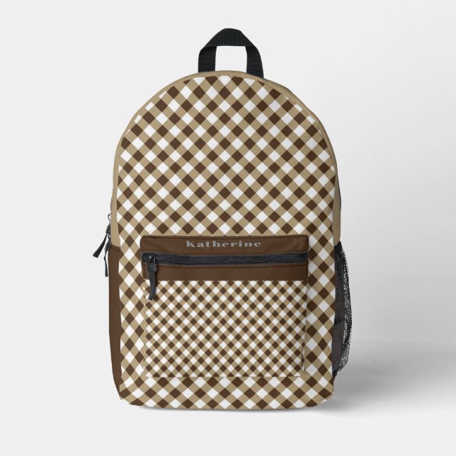Brown White Gingham Printed Backpack (Front)
