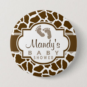 Brown, White Giraffe Animal Print Baby Shower 7.5 Cm Round Badge