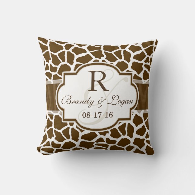 Brown, White Giraffe Animal Print Wedding Cushion (Front)