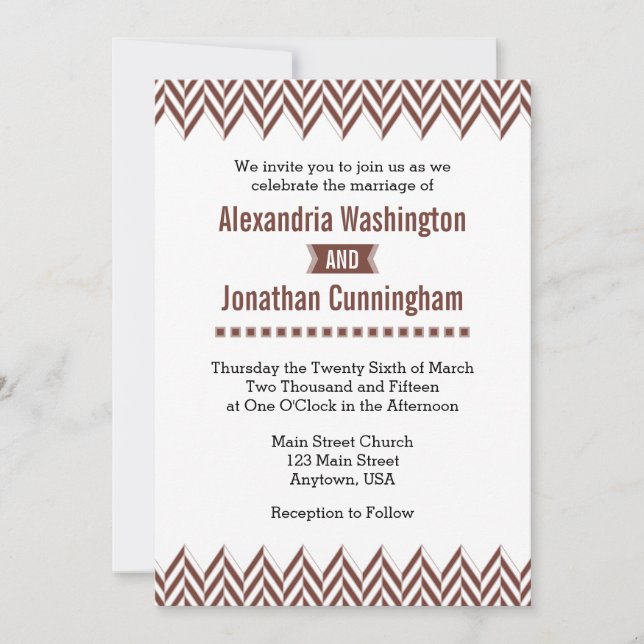 Brown White Herringbone Wedding Invitation (Front)