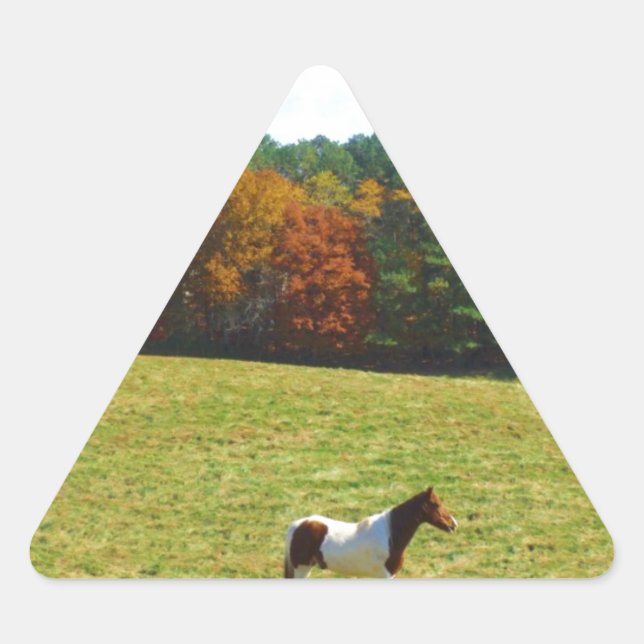 Brown & White horse,autumn trees,blue sky Triangle Sticker (Front)