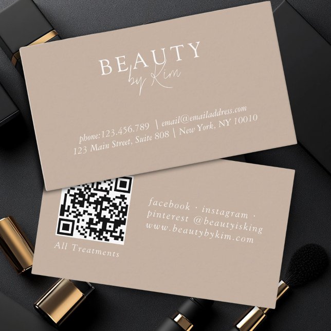  Brown & White, Minimal Elegant, Salon QR Code Business Card (Brown & White, Minimal Elegant, Salon QR Code Business Card)