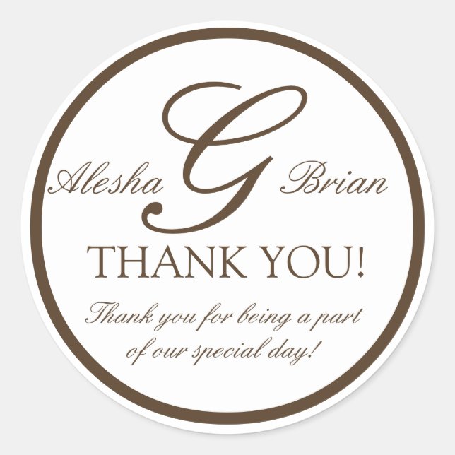 Brown White Monogrammed Wedding Favour Sticker (Front)