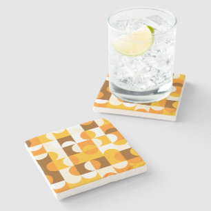 Brown White Orange Yellow Half Circles Pattern Stone Coaster