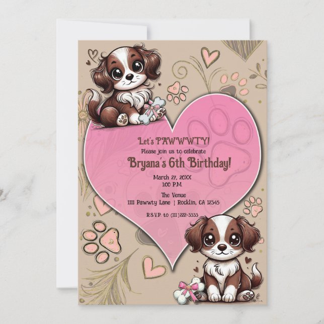 Brown & White Puppy Dog Pink Heart Birthday Party  Invitation (Front)