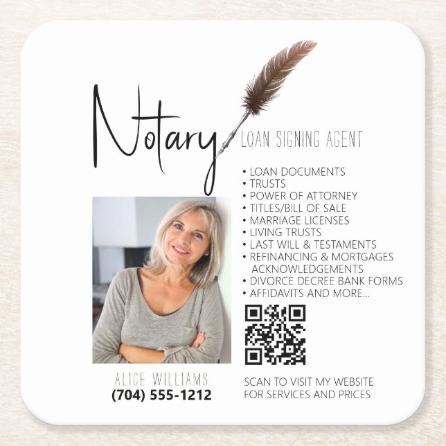 Brown & White QR Code Notary Promotional Square Paper Coaster (Front)