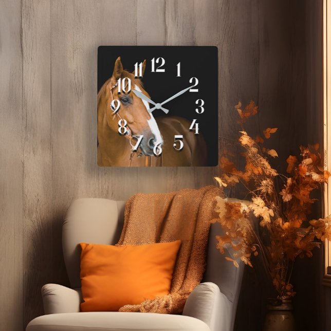 Brown White Quarter Horse Photo Numbered Square Wall Clock (Numbered wall clock with the photo of a beautiful brown and white quarter-horse)