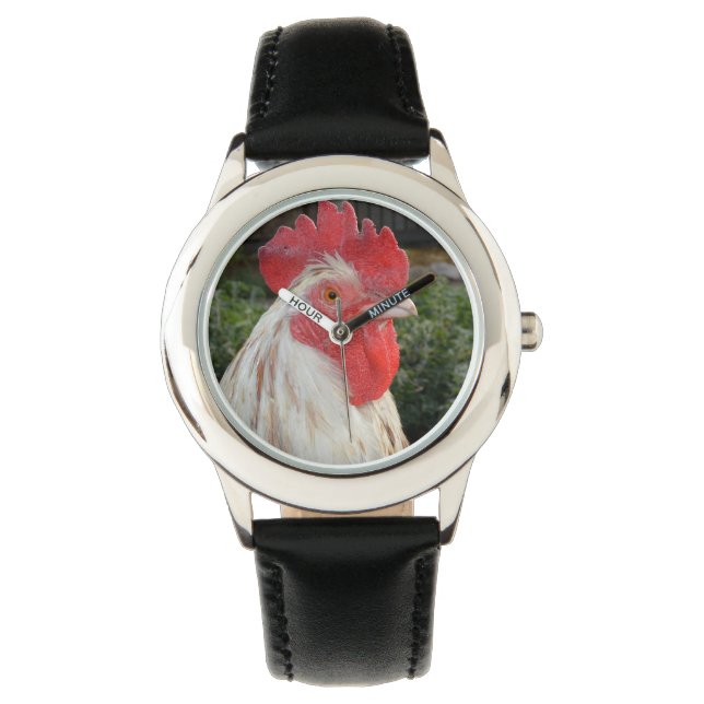 Brown White Rooster Face, Kids Leather Watch. Watch (Front)