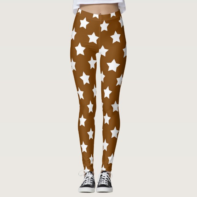 Brown White Stars Pattern Decorative Leggings (Front)