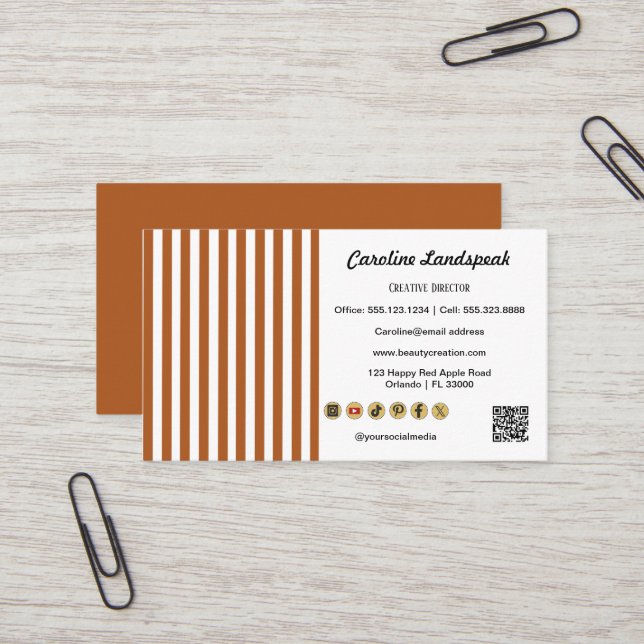 Brown White Stripes QR Code Social Media Icons Business Card (Front/Back In Situ)