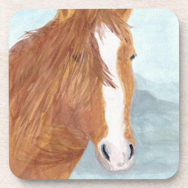 Brown Wild Horse Blue Mountain Lake - acrylic.    Coaster (Front)