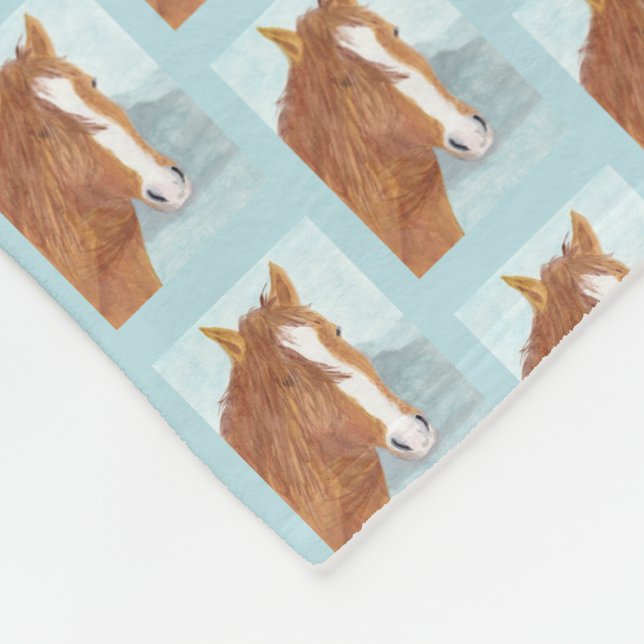 Brown Wild Horse Blue Mountain Lake - acrylic. Fleece Blanket (Corner)
