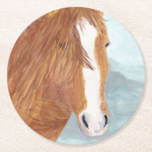 Brown Wild Horse Blue Mountain Lake - acrylic.    Round Paper Coaster