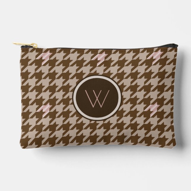 Brown with Rose Gold Accent Houndstooth Accessory Pouch (Front)