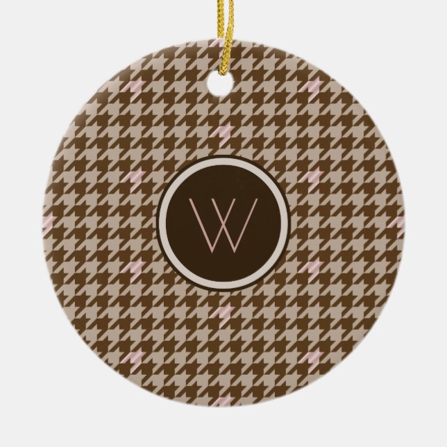 Brown with Rose Gold Accent Houndstooth Ornament (Front)