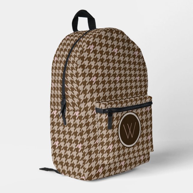 Brown with Rose Gold Accent Houndstooth Printed Backpack (Back Corner Left)