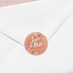 Brown Wood and Floral Rustic Save the Date Classic Round Sticker