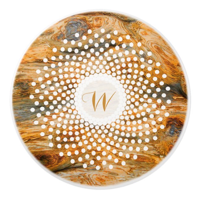 Brown Wood Bark Texture & White Circle Ceramic Knob (Front)