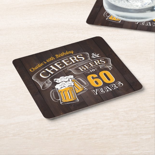 Brown Wood Cheers And Beers Any Age Birthday Square Paper Coaster (Angled)