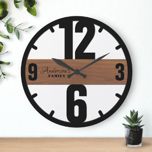 Brown Wood Custom Family Name Elegant Minimalist Large Clock