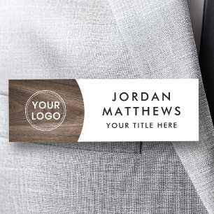 Brown wood custom logo, name and title white name tag