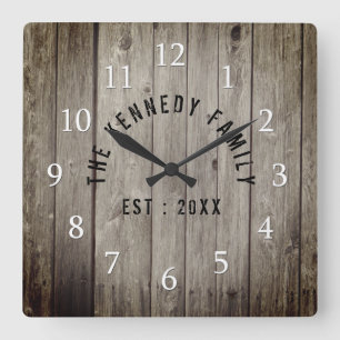 Brown Wood Farmhouse Family Name Square Wall Clock